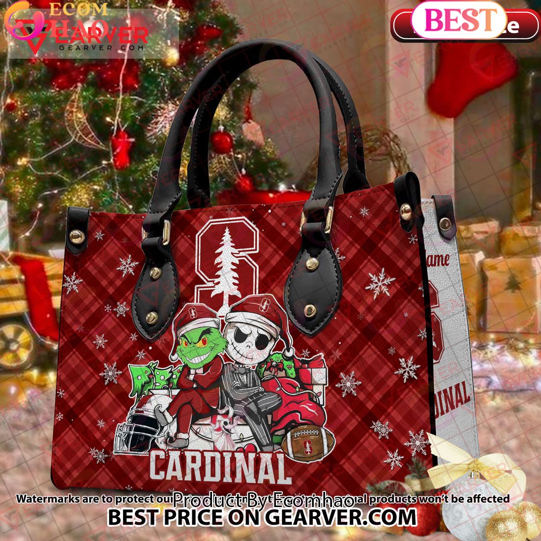 NCAA Stanford Cardinal Grinch And Jack Skellington Christmas Women Leather Hand Bag