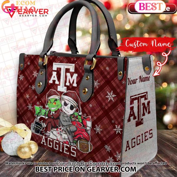 NCAA Texas A_M Aggies Grinch And Jack Skellington Christmas Women Leather Hand Bag