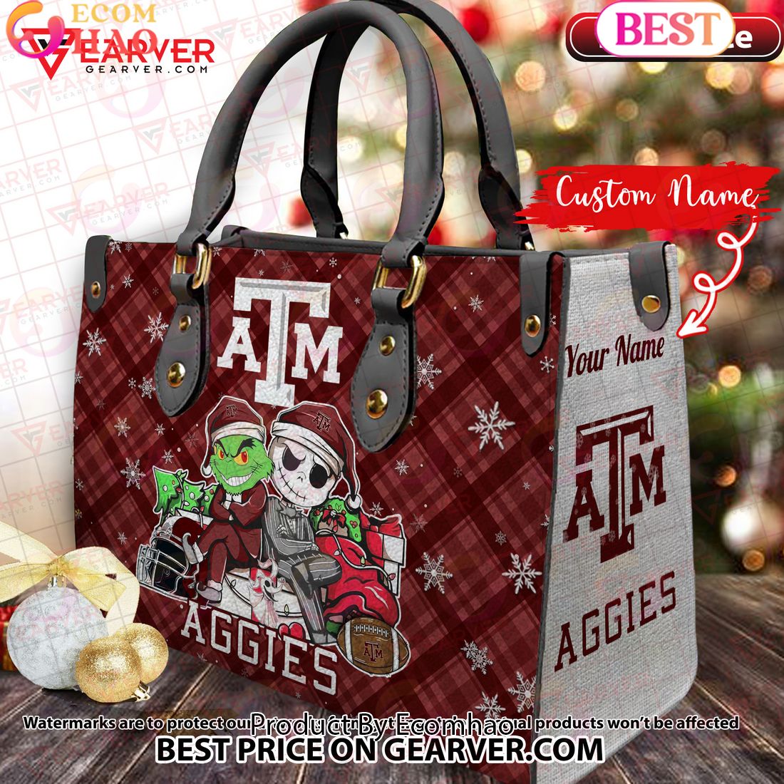 NCAA Stanford Cardinal Grinch And Jack Skellington Christmas Women Leather Hand Bag