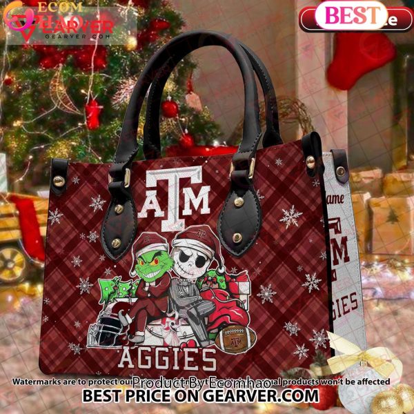 NCAA Texas A_M Aggies Grinch And Jack Skellington Christmas Women Leather Hand Bag