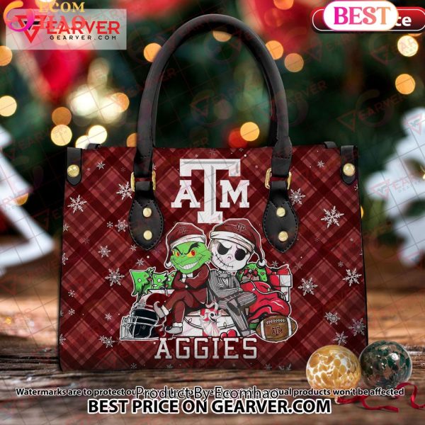 NCAA Texas A_M Aggies Grinch And Jack Skellington Christmas Women Leather Hand Bag