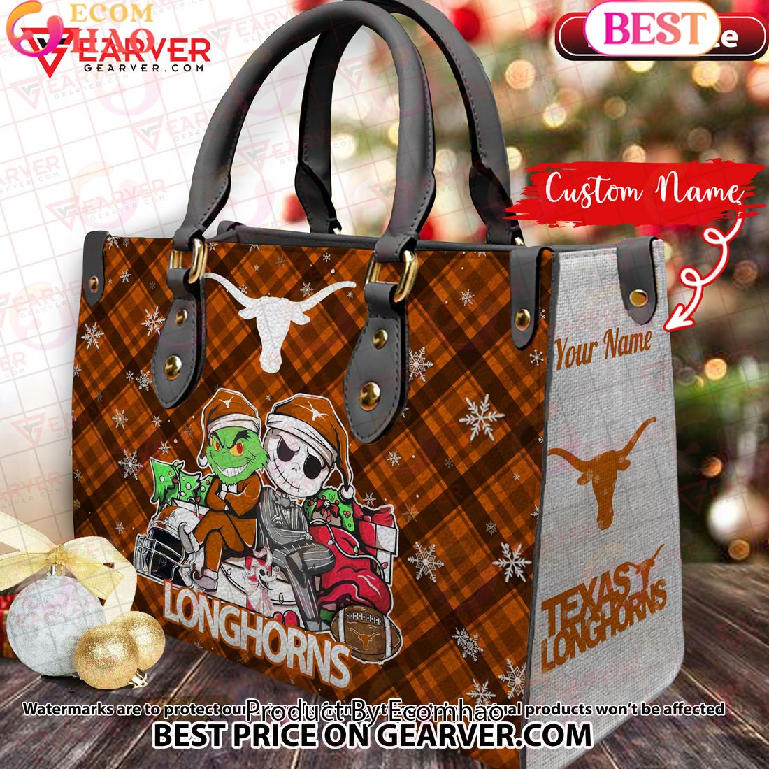 NCAA Texas Longhorns Grinch And Jack Skellington Christmas Women Leather Hand Bag