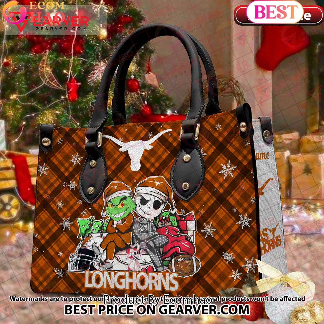 NCAA Texas Longhorns Grinch And Jack Skellington Christmas Women Leather Hand Bag