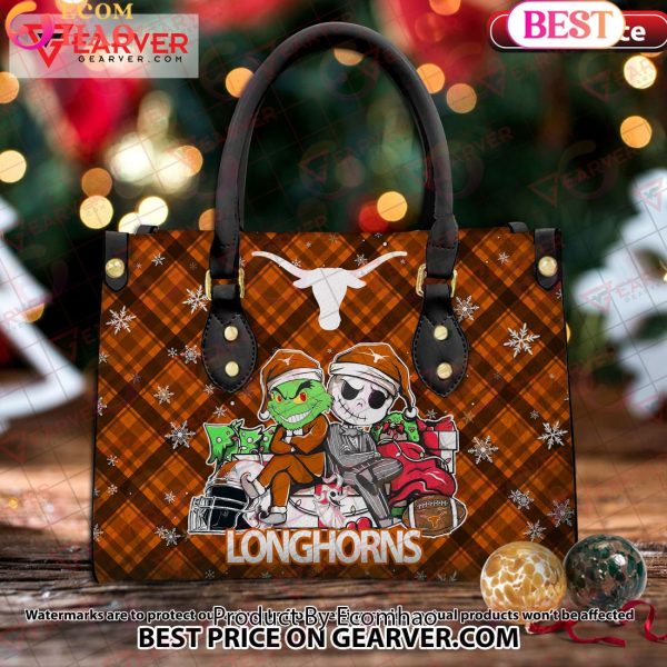 NCAA Texas Longhorns Grinch And Jack Skellington Christmas Women Leather Hand Bag