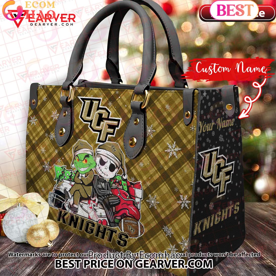 NCAA UCF Knights Grinch And Jack Skellington Christmas Women Leather Hand Bag