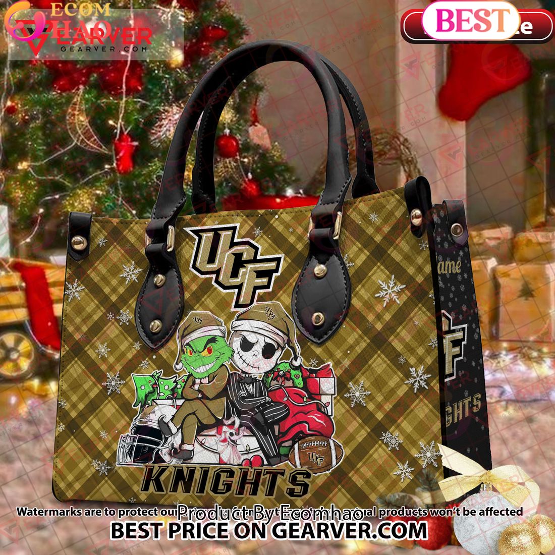 NCAA UCF Knights Grinch And Jack Skellington Christmas Women Leather Hand Bag