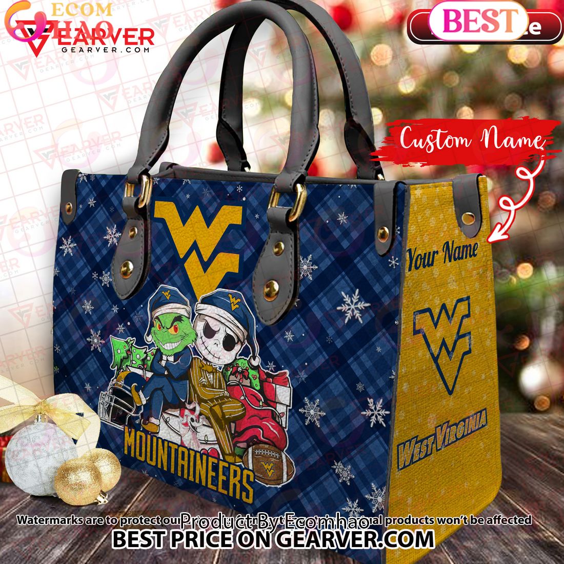 NCAA West Virginia Mountaineers Grinch And Jack Skellington Christmas Women Leather Hand Bag