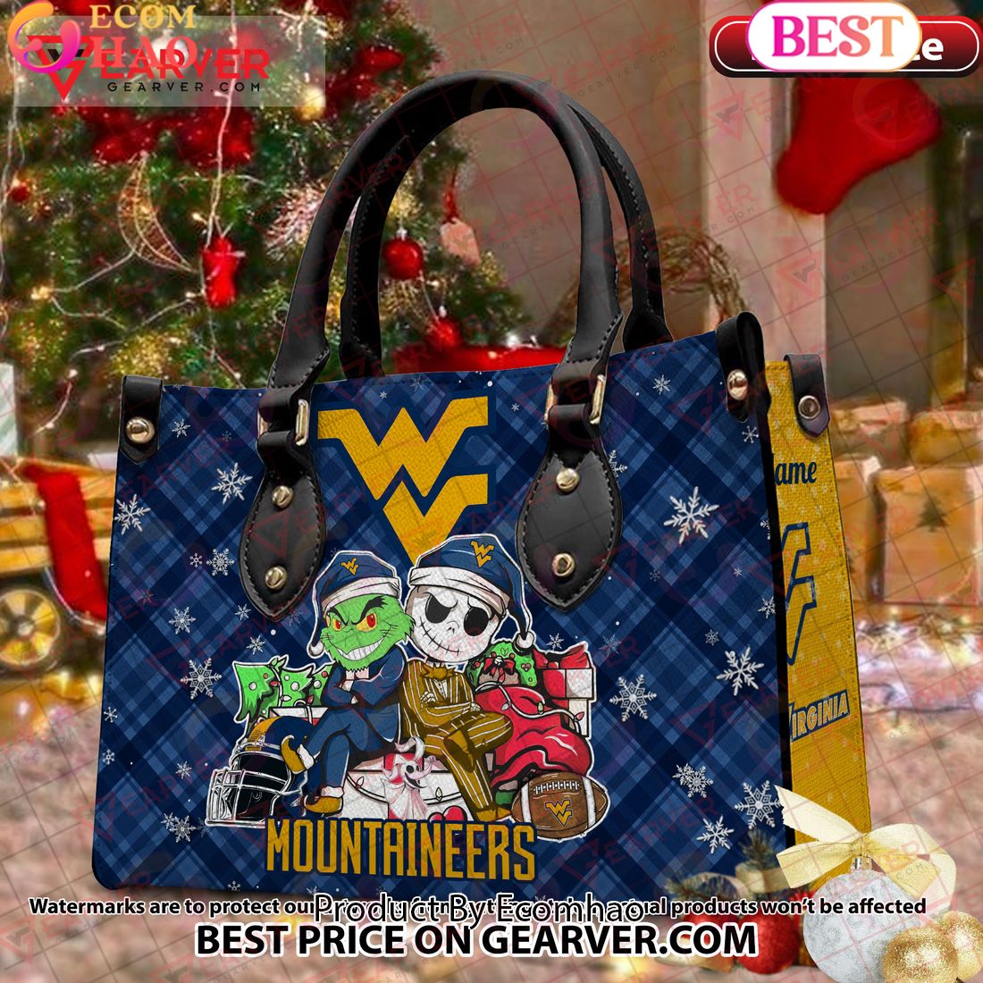 NCAA West Virginia Mountaineers Grinch And Jack Skellington Christmas Women Leather Hand Bag