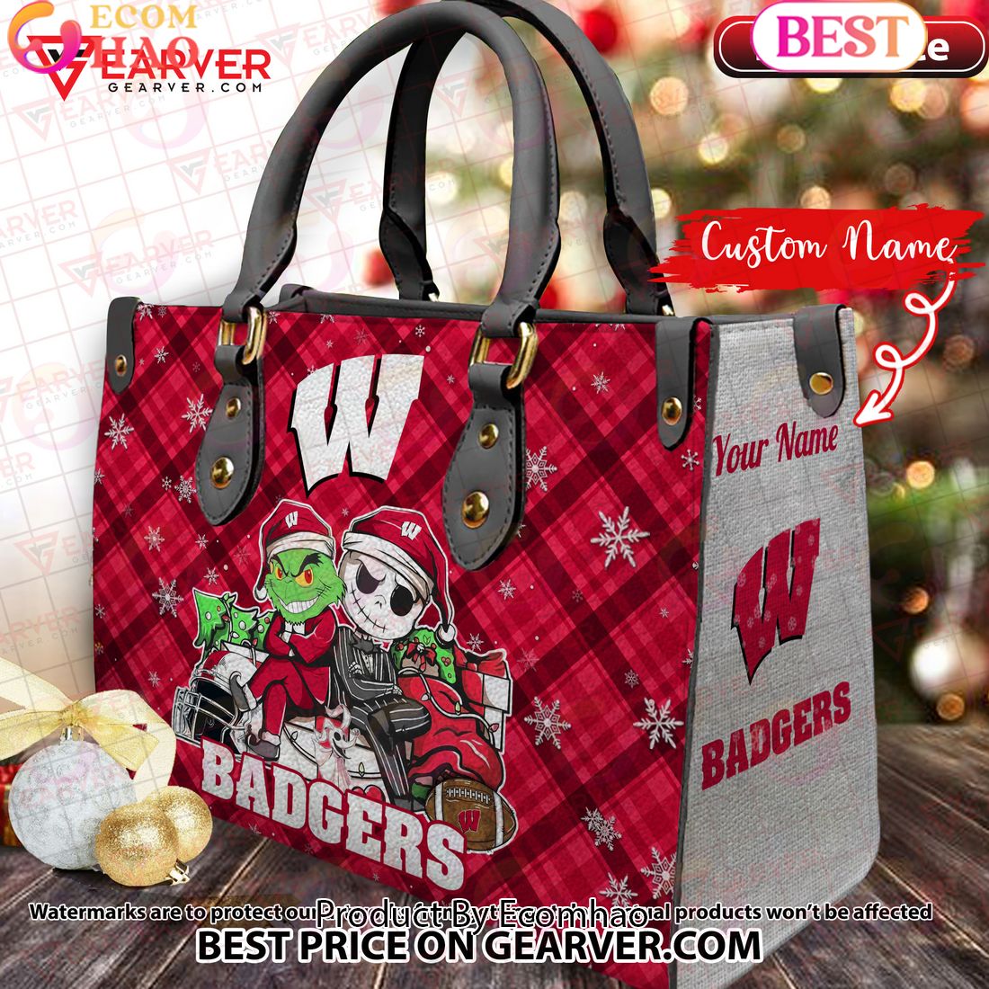 NCAA Wisconsin Badgers Grinch And Jack Skellington Christmas Women Leather Hand Bag