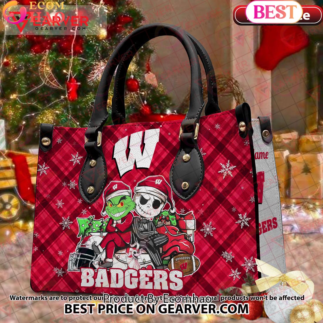 NCAA Wisconsin Badgers Grinch And Jack Skellington Christmas Women Leather Hand Bag