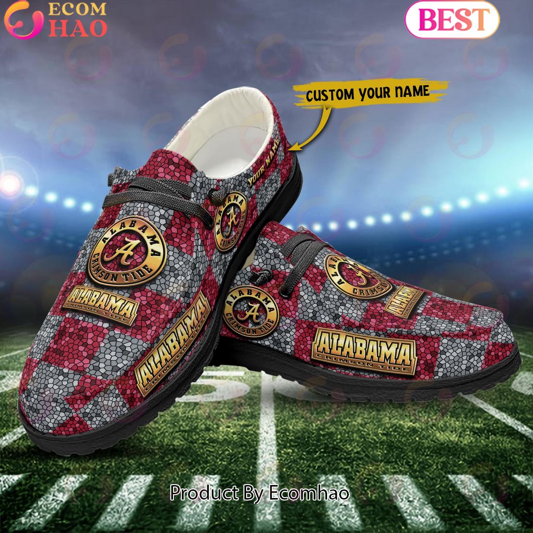 NCAA Alabama Crimson Tide Mosaic Broken Design Hey Dude Shoes Custom Name