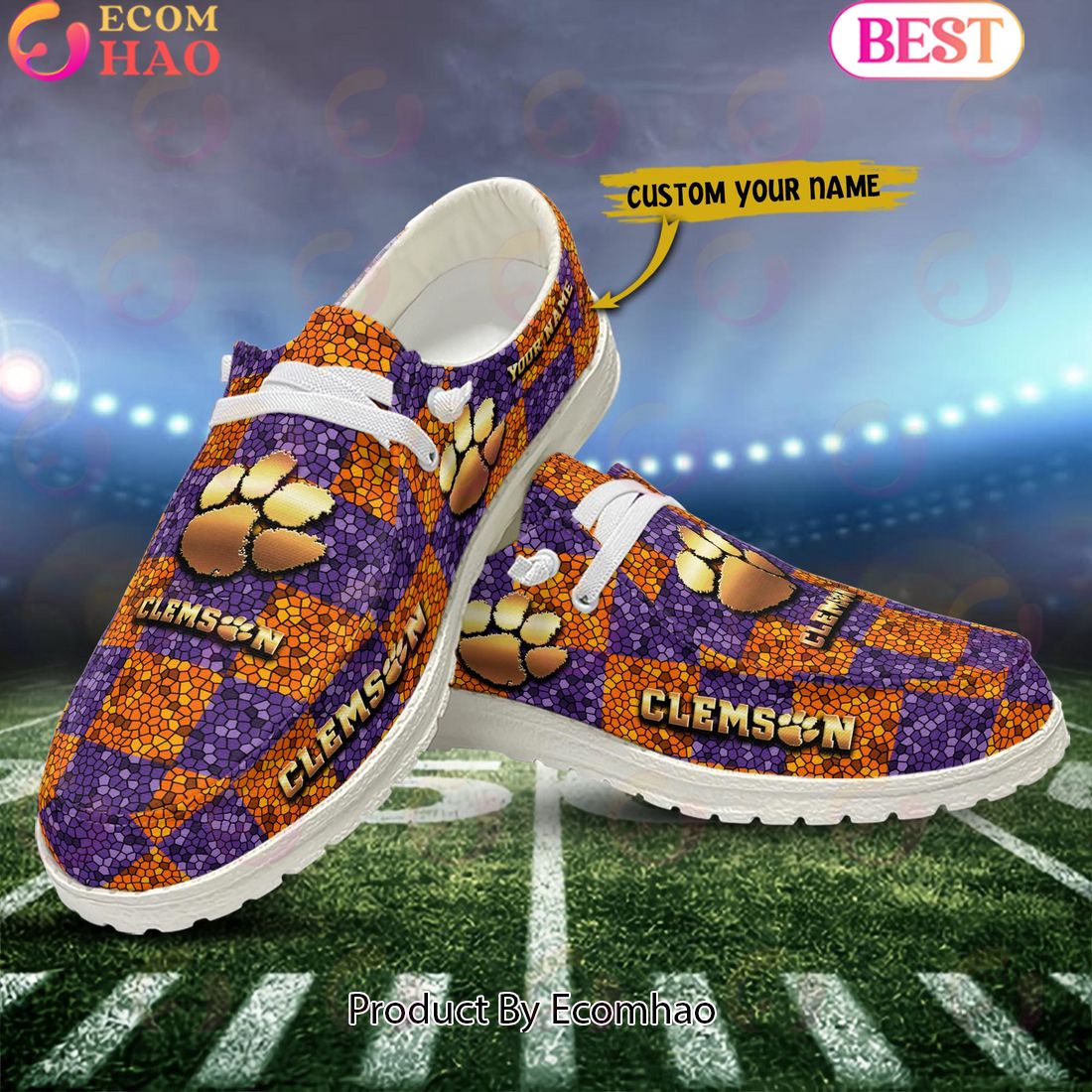 NCAA Clemson Tigers Mosaic Broken Design Hey Dude Shoes Custom Name