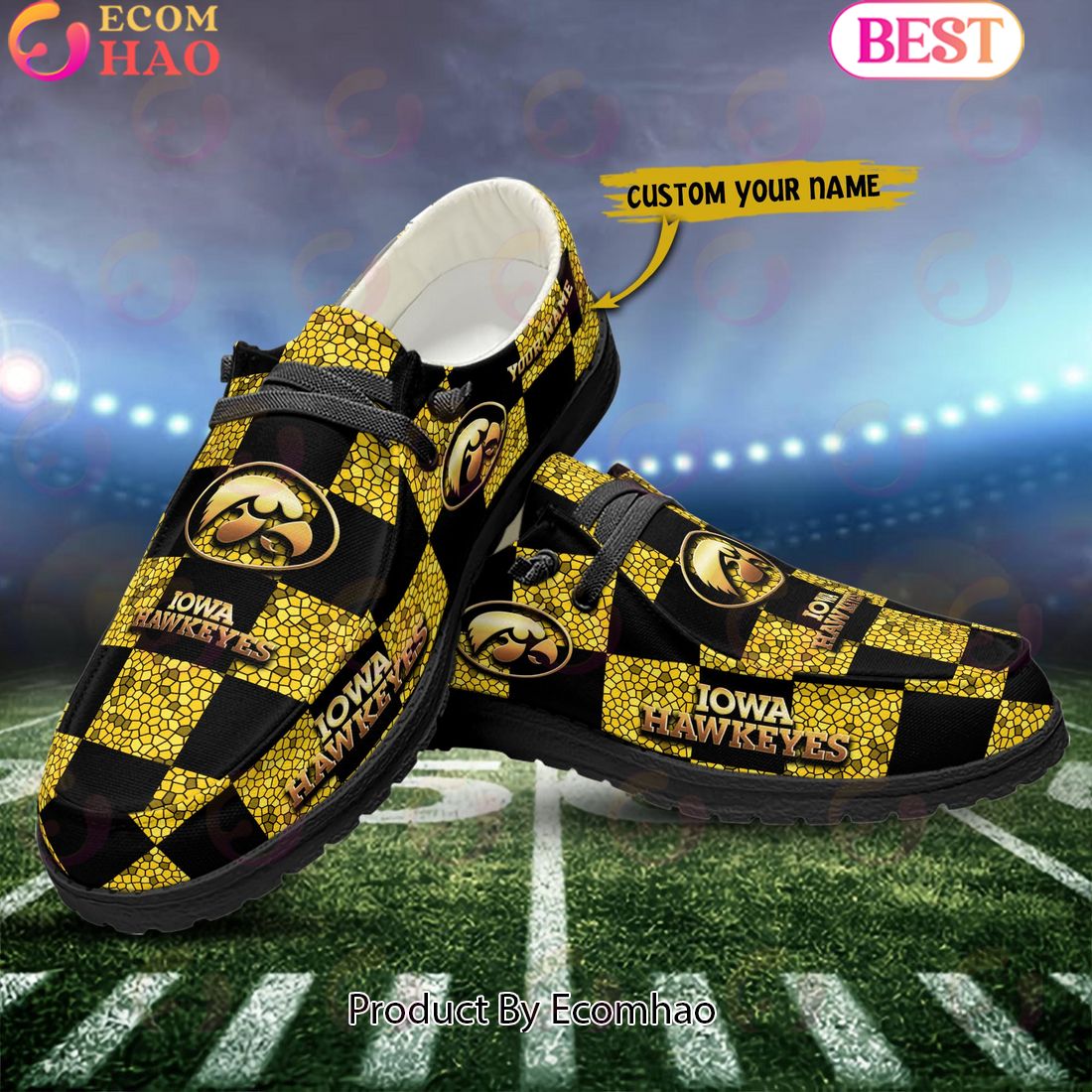 NCAA Iowa Hawkeyes Mosaic Broken Design Hey Dude Shoes Custom Name