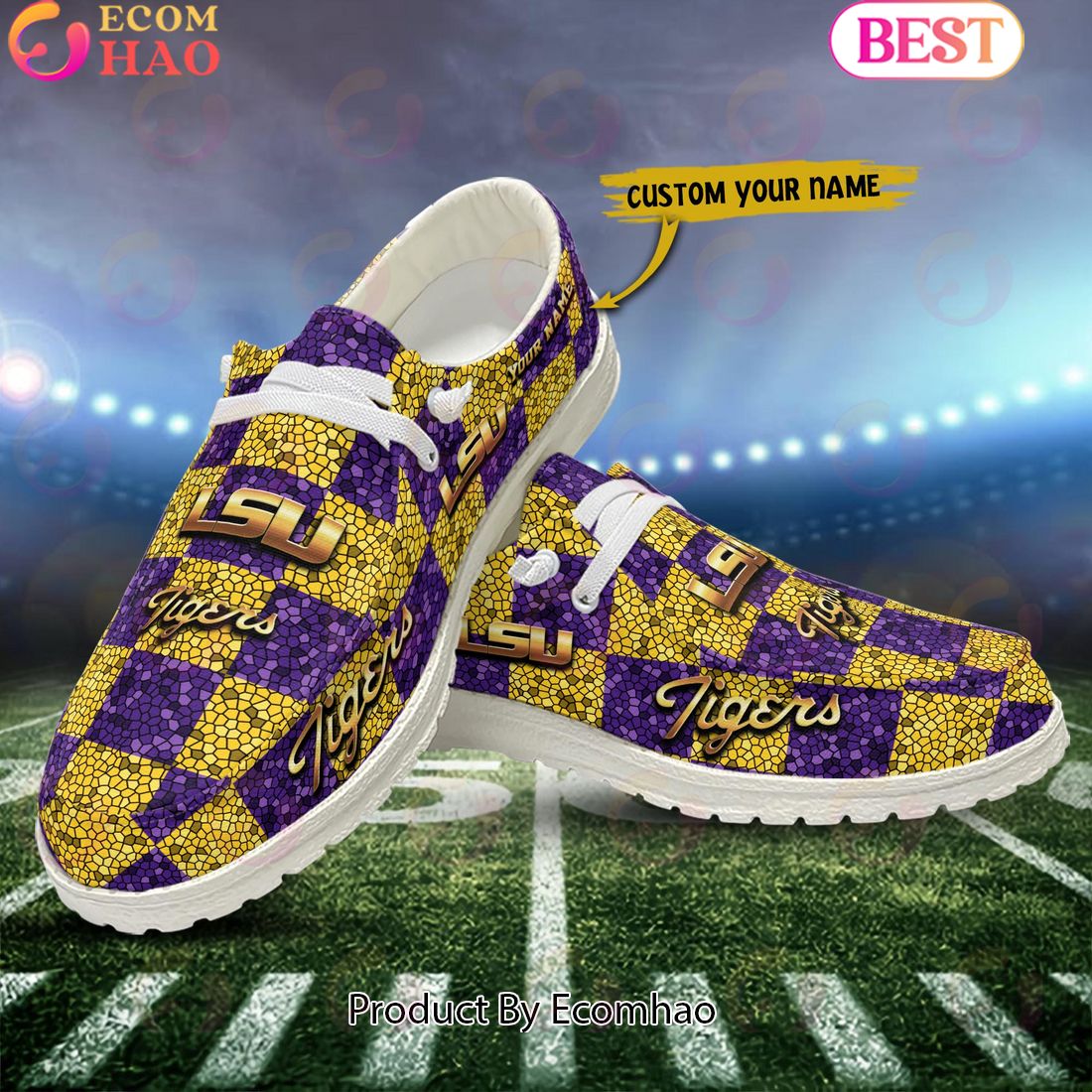 NCAA LSU TIGERS Mosaic Broken Design Hey Dude Shoes Custom Name