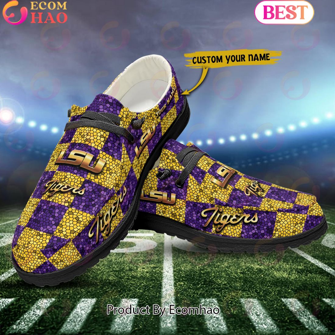 NCAA LSU TIGERS Mosaic Broken Design Hey Dude Shoes Custom Name