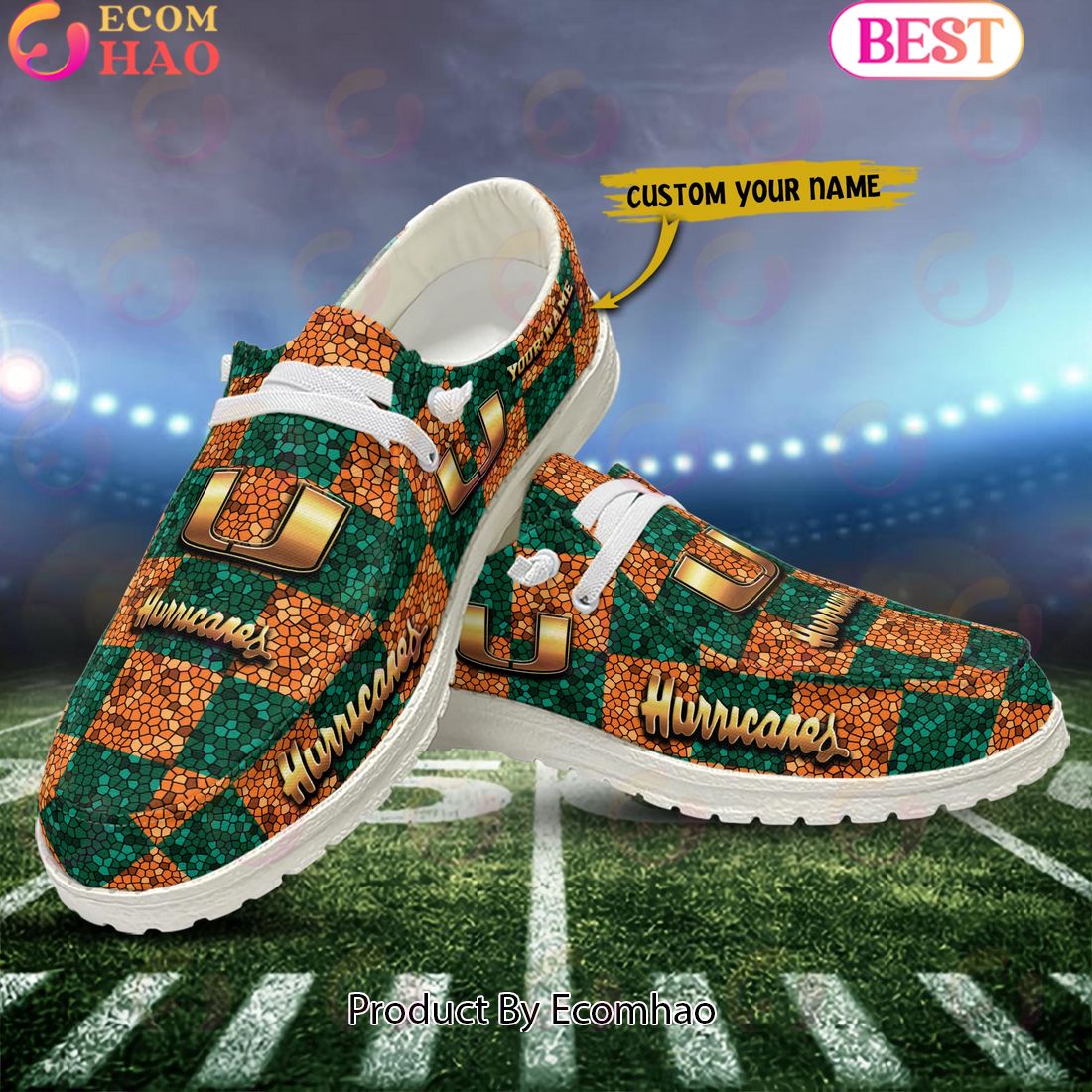 NCAA Miami Hurricanes Mosaic Broken Design Hey Dude Shoes Custom Name