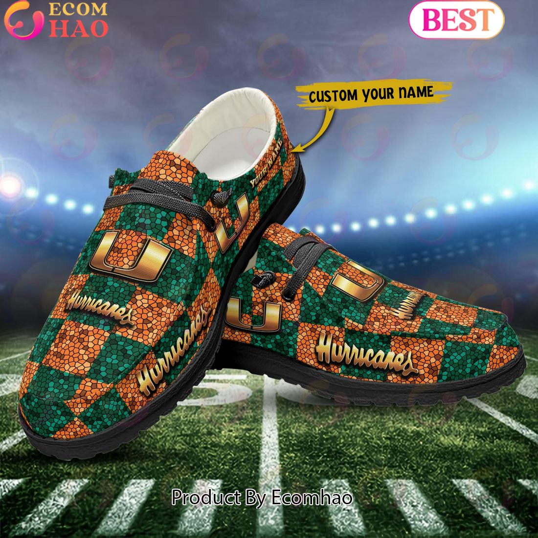 NCAA Miami Hurricanes Mosaic Broken Design Hey Dude Shoes Custom Name