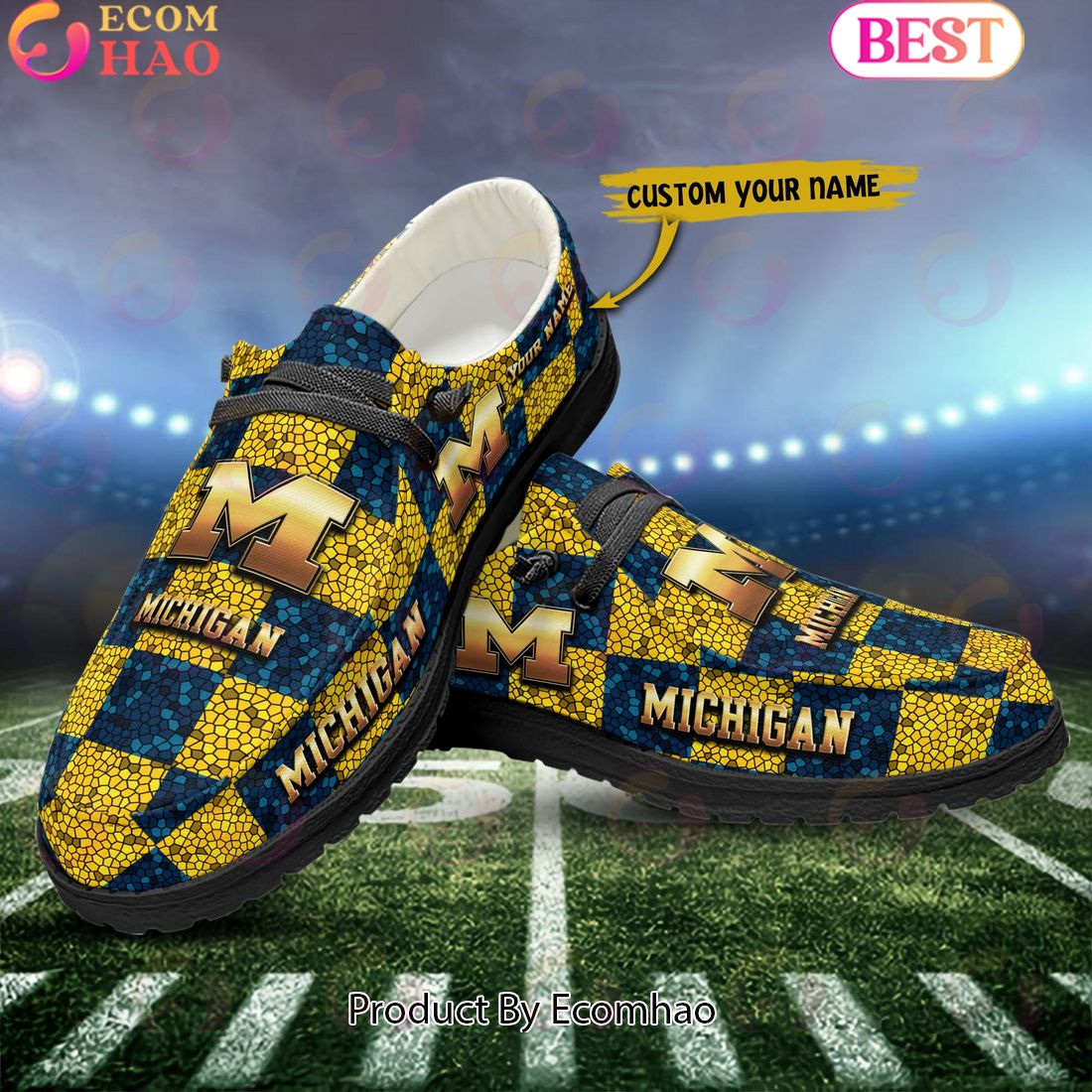 NCAA Michigan Wolverines Mosaic Broken Design Hey Dude Shoes Custom Name