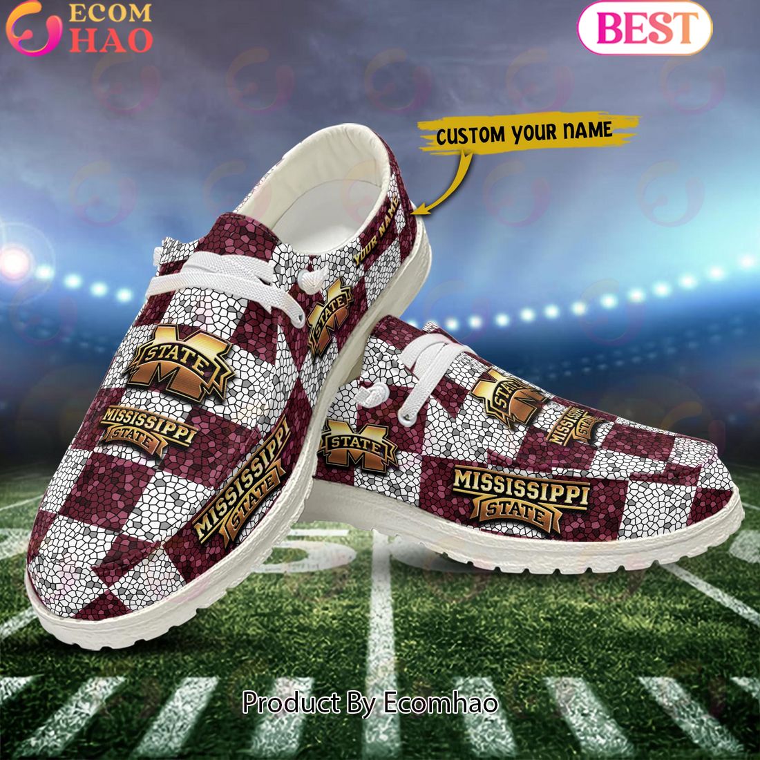 NCAA Mississippi State Bulldogs Mosaic Broken Design Hey Dude Shoes Custom Name