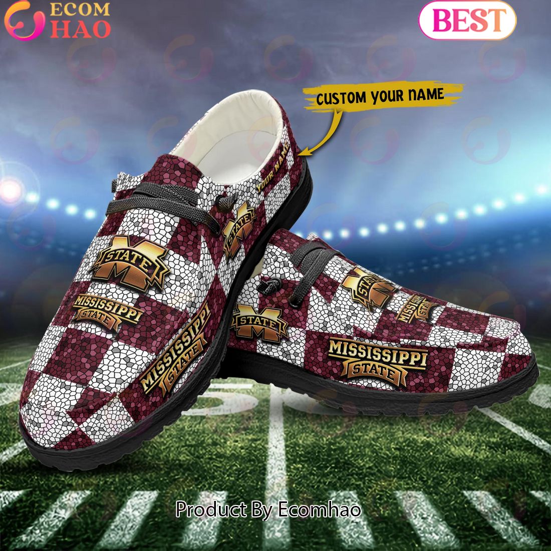 NCAA Mississippi State Bulldogs Mosaic Broken Design Hey Dude Shoes Custom Name