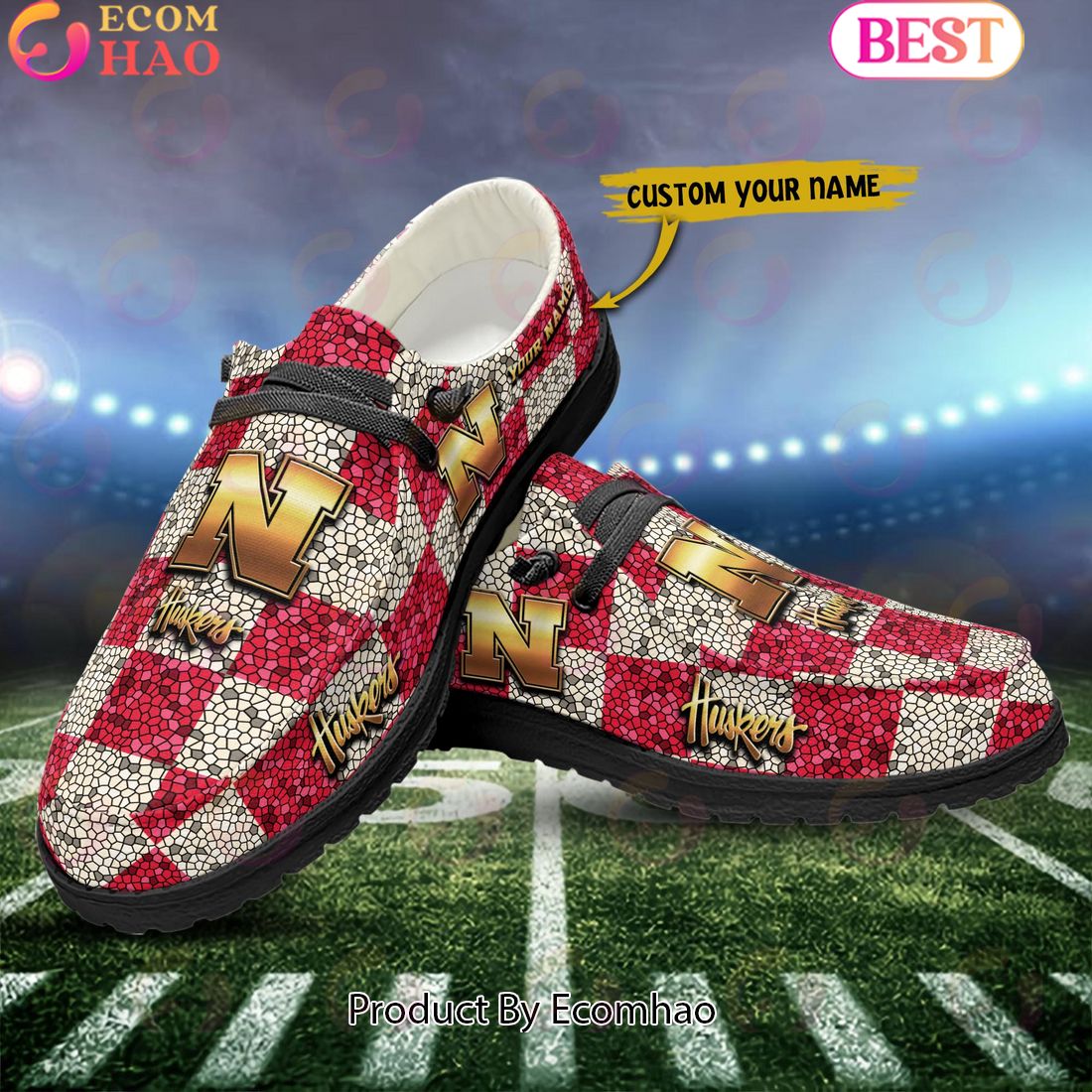 NCAA Nebraska Cornhuskers Mosaic Broken Design Hey Dude Shoes Custom Name