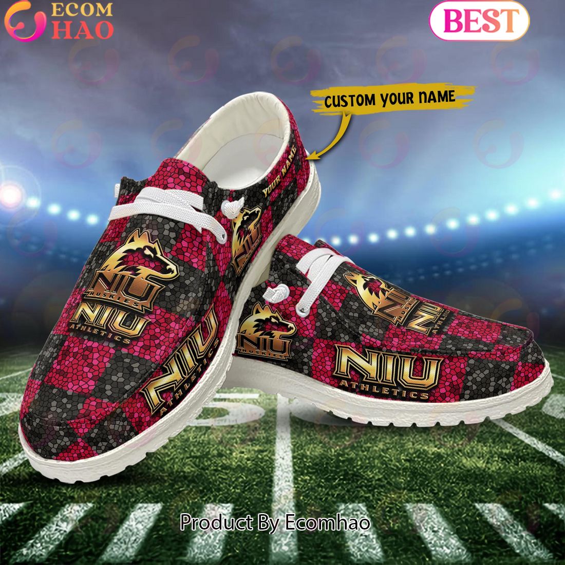 NCAA Northern Illinois Huskies Mosaic Broken Design Hey Dude Shoes Custom Name