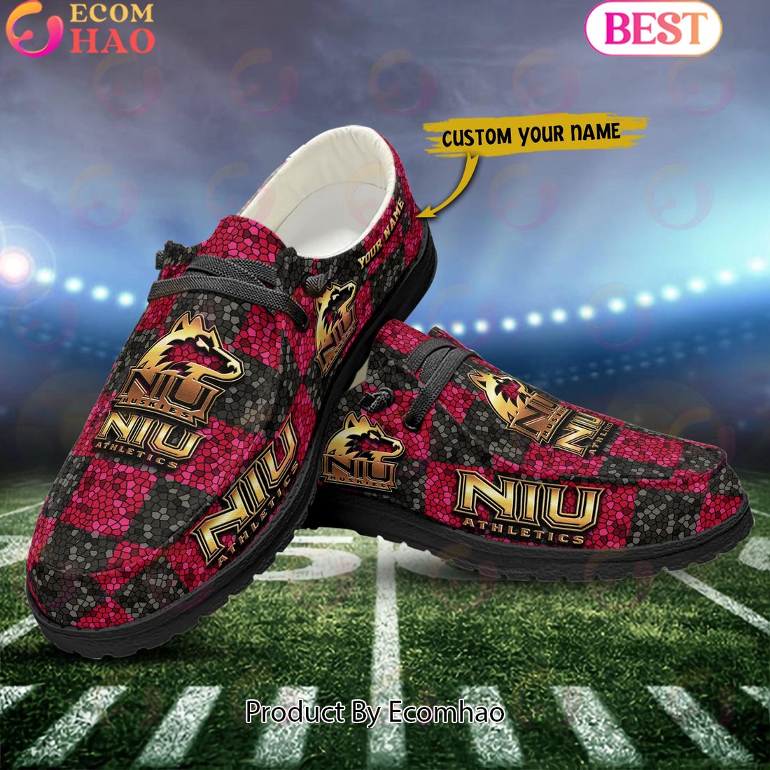 NCAA Northern Illinois Huskies Mosaic Broken Design Hey Dude Shoes Custom Name