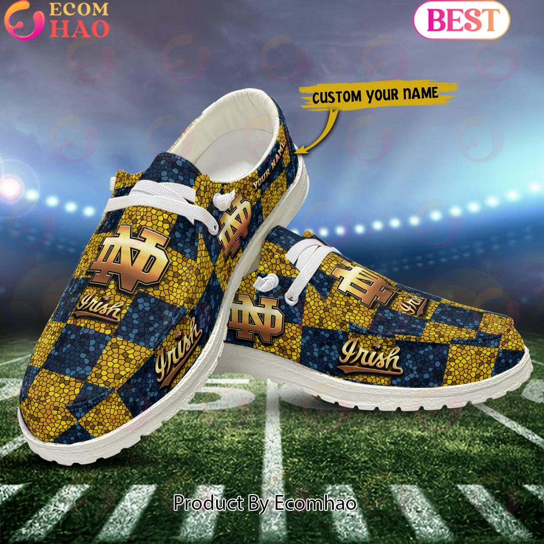 NCAA Notre Dame Fighting Irish Mosaic Broken Design Hey Dude Shoes Custom Name