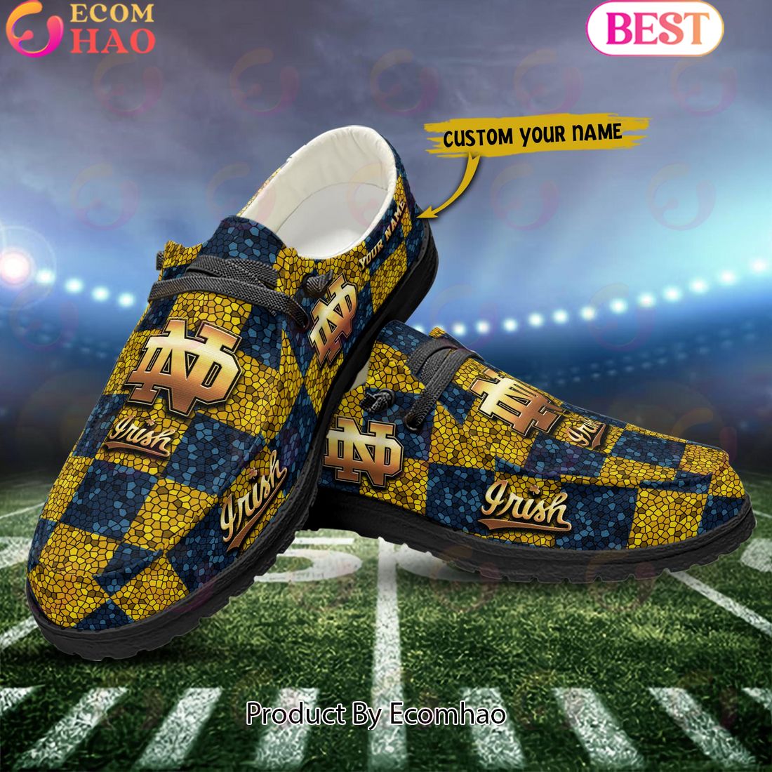 NCAA Notre Dame Fighting Irish Mosaic Broken Design Hey Dude Shoes Custom Name