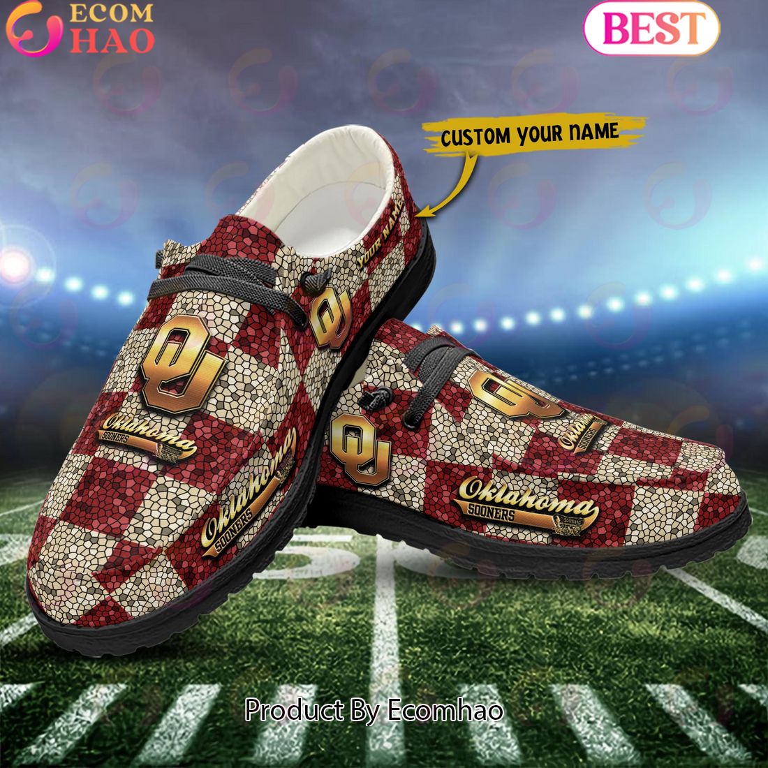 NCAA Oklahoma Sooners Mosaic Broken Design Hey Dude Shoes Custom Name