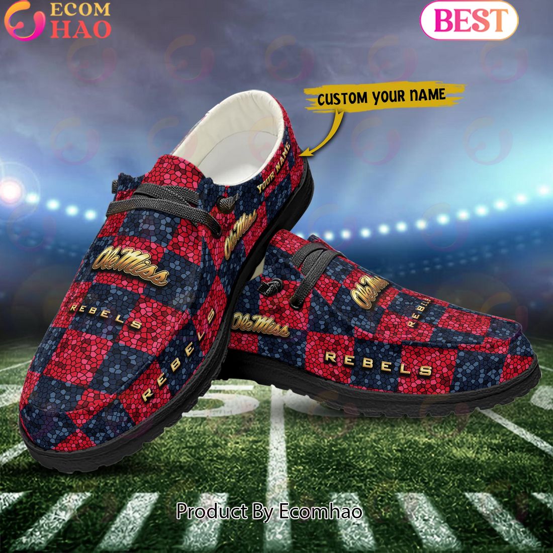 NCAA Ole Miss Rebels Mosaic Broken Design Hey Dude Shoes Custom Name