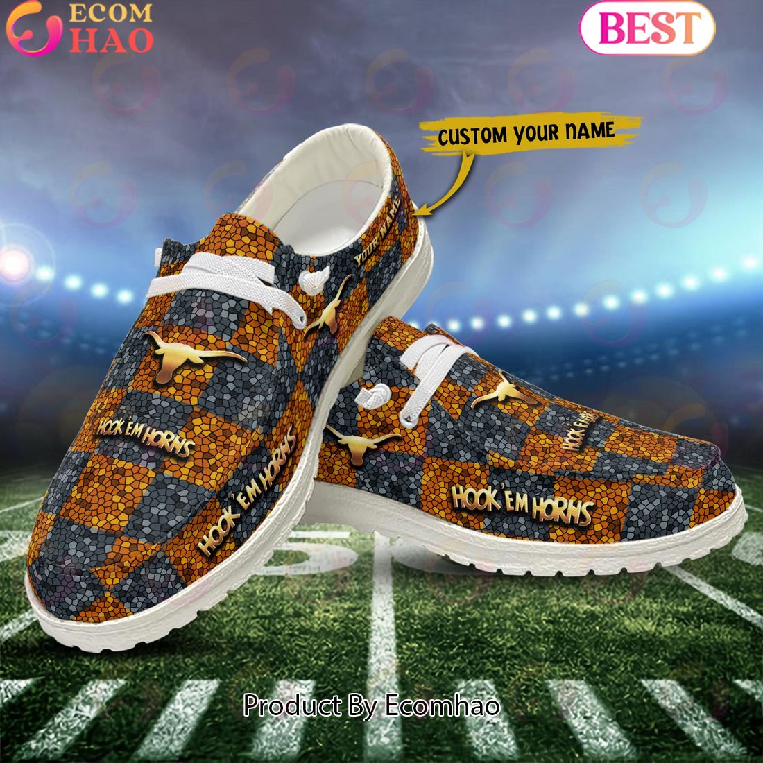 NCAA Texas Longhorns Mosaic Broken Design Hey Dude Shoes Custom Name