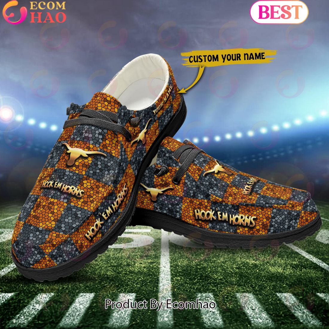 NCAA Texas Longhorns Mosaic Broken Design Hey Dude Shoes Custom Name