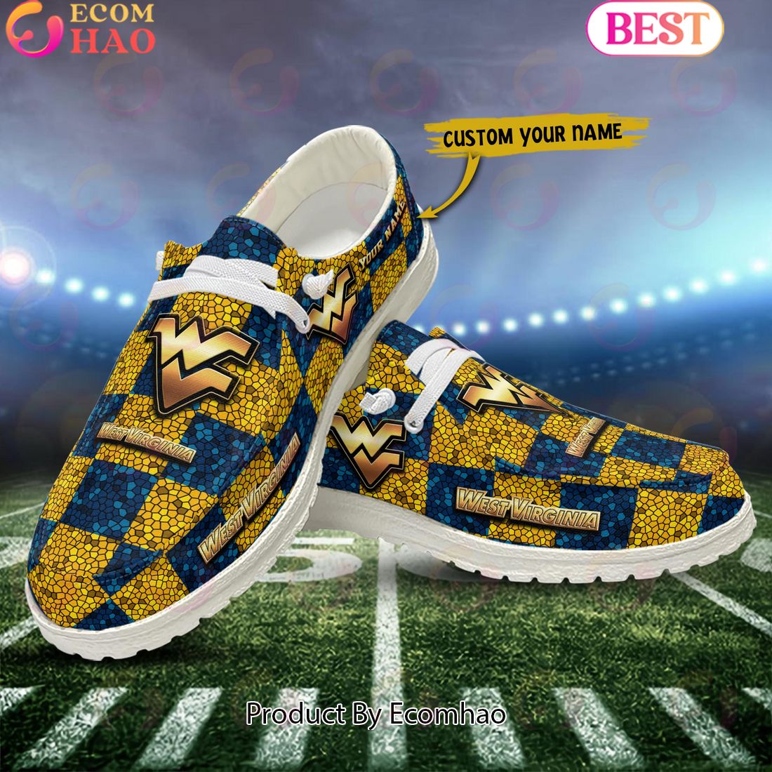 NCAA West Virginia Mountaineers Mosaic Broken Design Hey Dude Shoes Custom Name