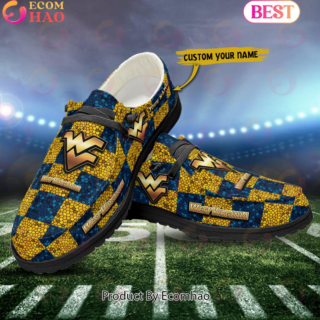 NCAA West Virginia Mountaineers Mosaic Broken Design Hey Dude Shoes Custom Name