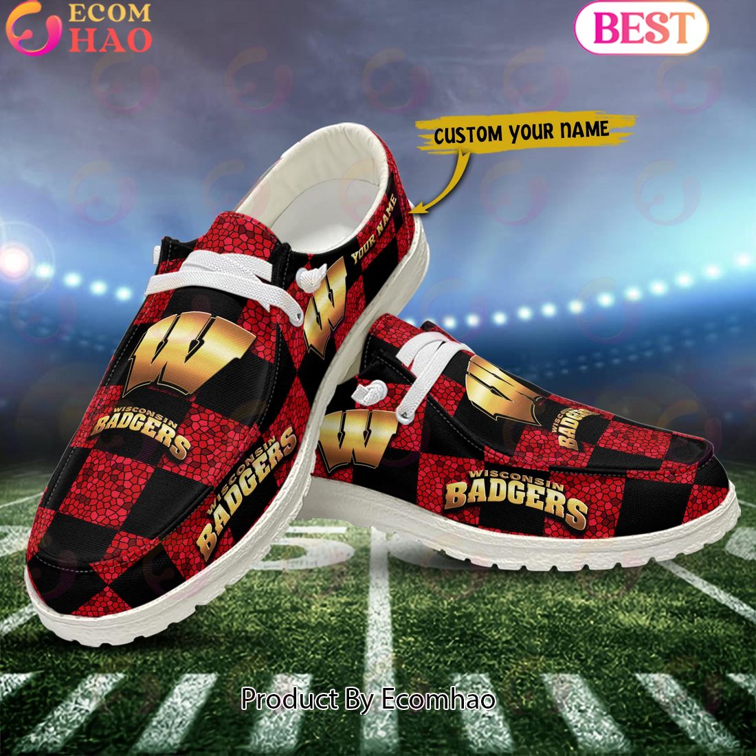 NCAA Wisconsin Badgers Mosaic Broken Design Hey Dude Shoes Custom Name