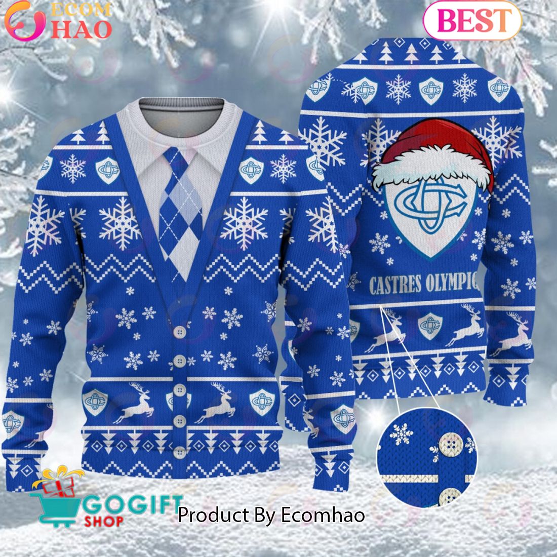 Castres Olympique Santa hat Logo Ugly Christmas Sweater AOP Snow Flowers