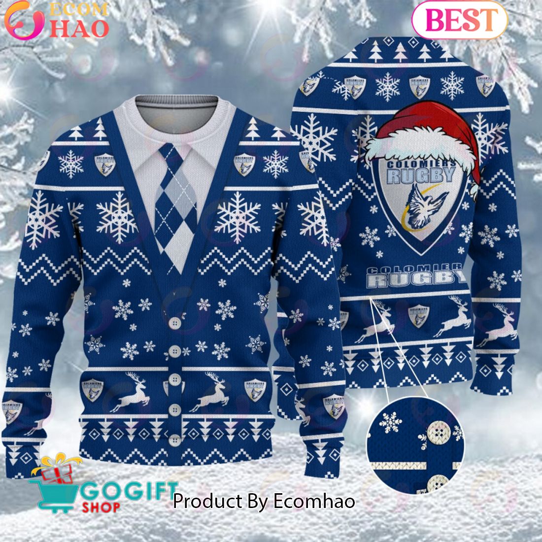 Colomiers Rugby Santa hat Logo Ugly Christmas Sweater AOP Snow Flowers