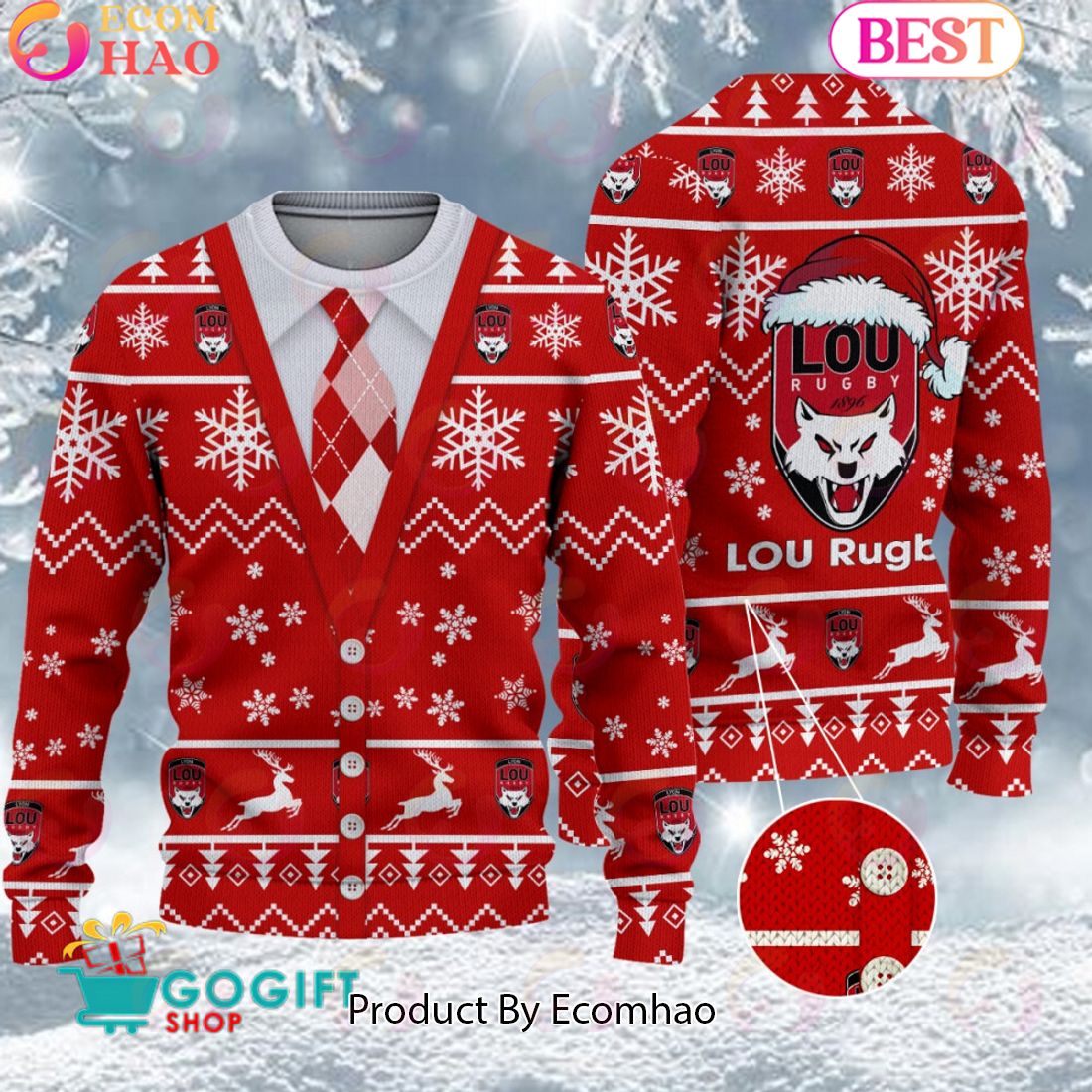 Lyon OU Santa hat Logo Ugly Christmas Sweater AOP Snow Flowers