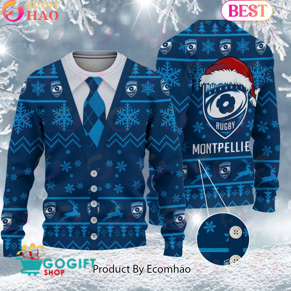 Montpellier Herault Rugby Santa hat Logo Ugly Christmas Sweater AOP Snow Flowers