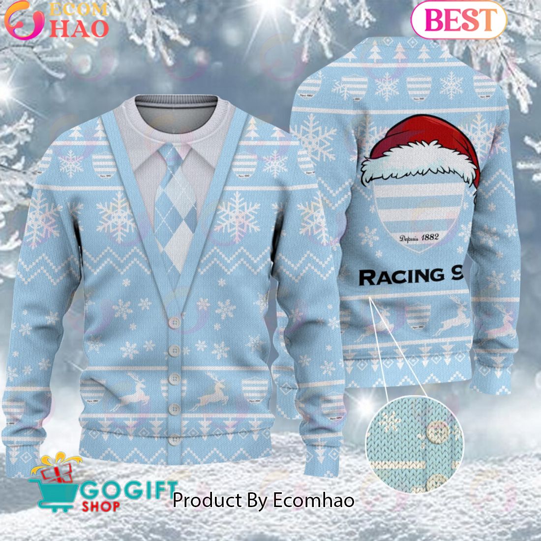 Racing 92 Santa hat Logo Ugly Christmas Sweater AOP Snow Flowers