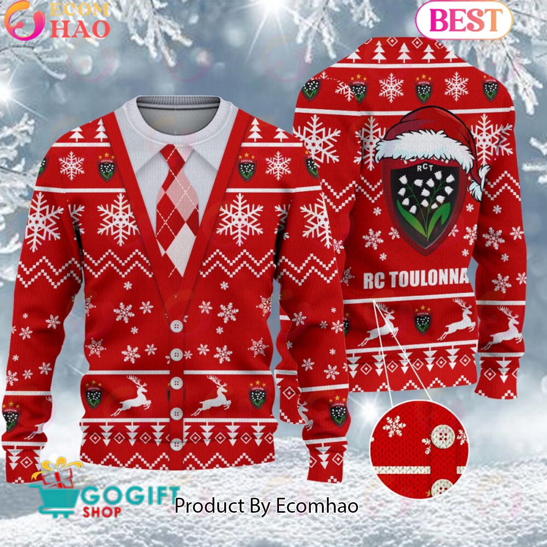 RC Toulonnais Santa hat Logo Ugly Christmas Sweater AOP Snow Flowers