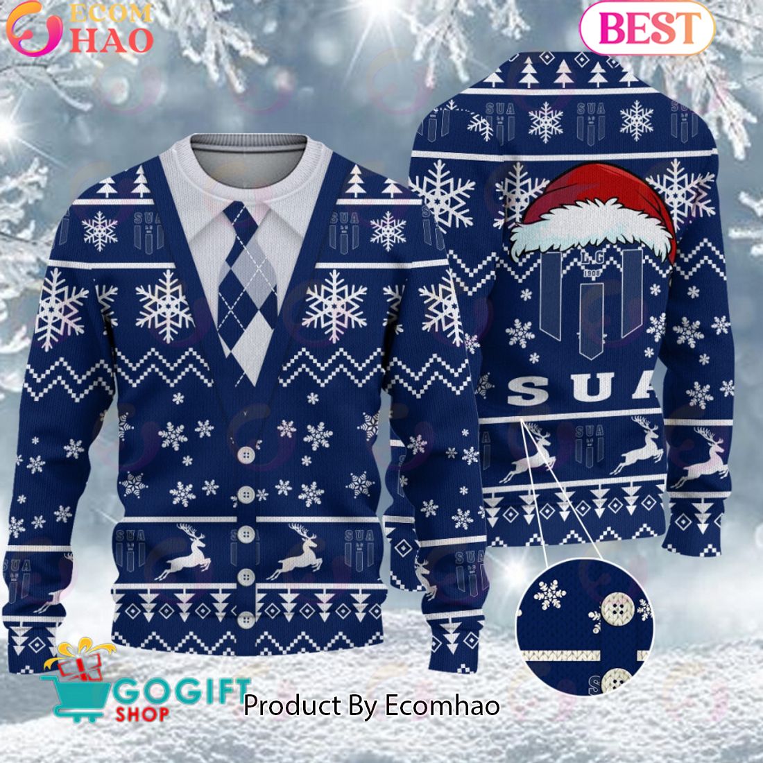 Sporting Union Agenais Santa hat Logo Ugly Christmas Sweater AOP Snow Flowers