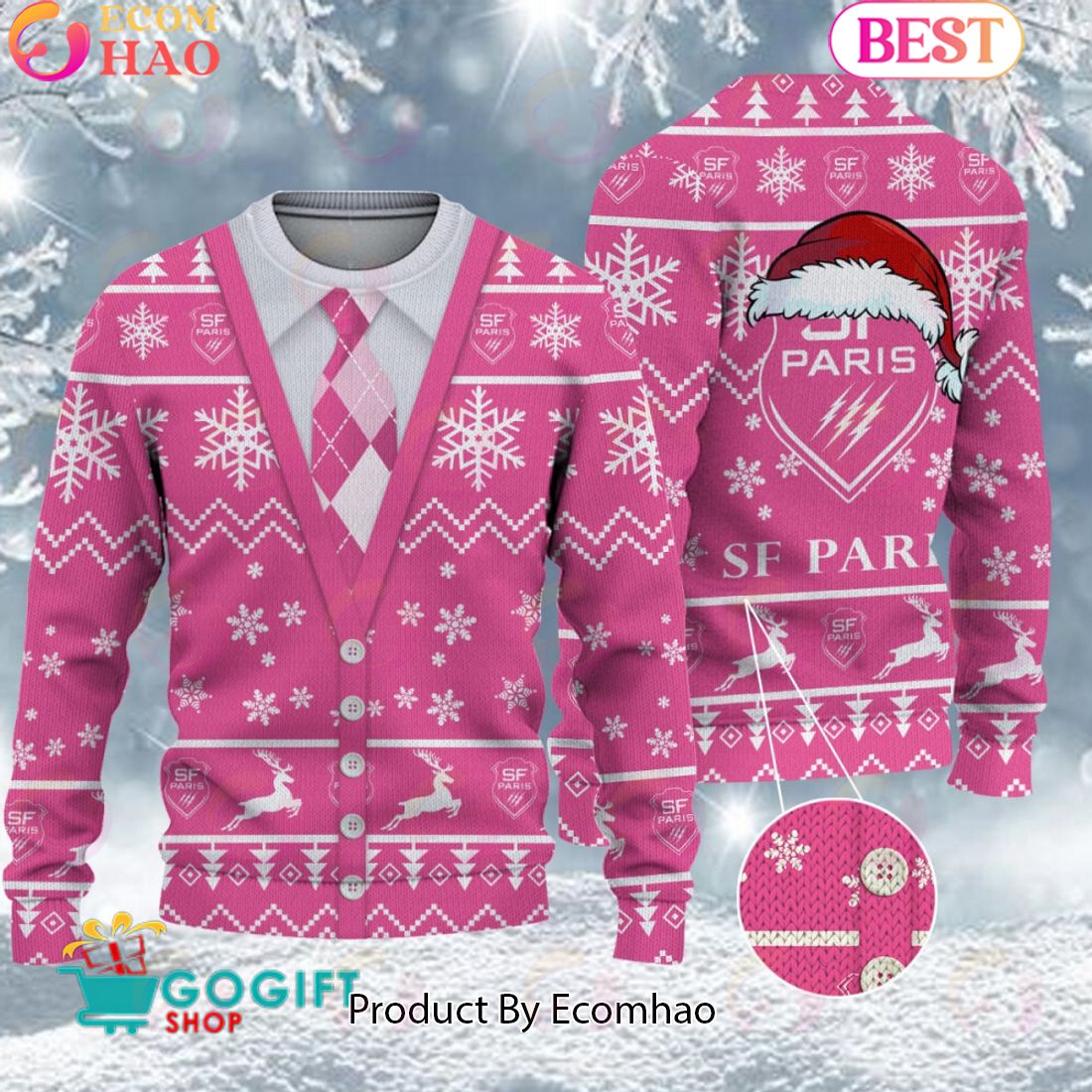 Stade Francais Santa hat Logo Ugly Christmas Sweater AOP Snow Flowers