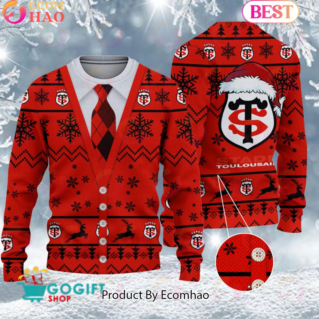 Stade Toulousain Santa hat Logo Ugly Christmas Sweater AOP Snow Flowers