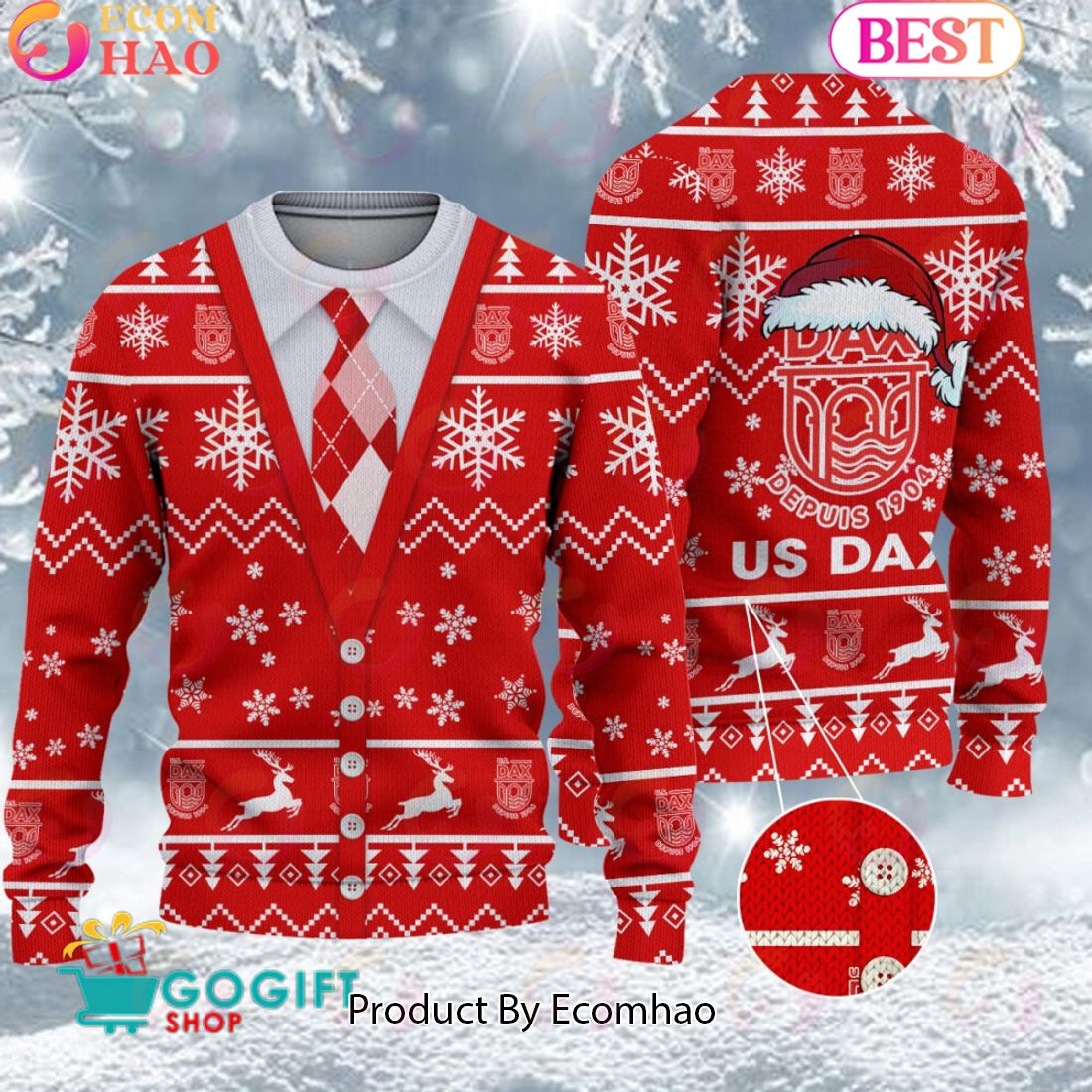 U.S.DAX RUGBY LANDES Santa hat Logo Ugly Christmas Sweater AOP Snow Flowers