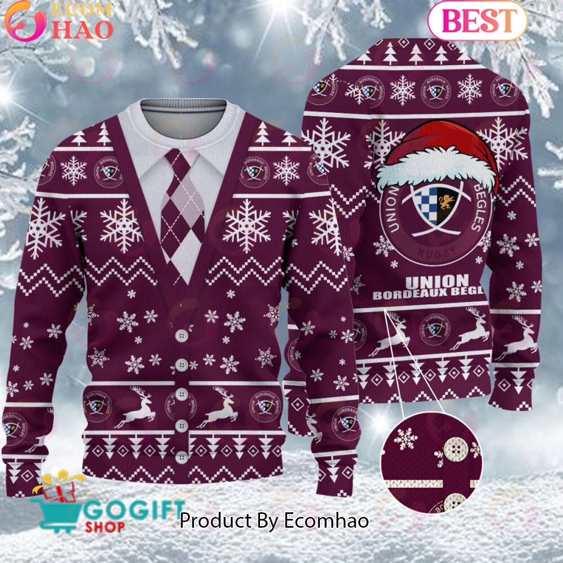 Union Bordeaux Begles Santa hat Logo Ugly Christmas Sweater AOP Snow Flowers