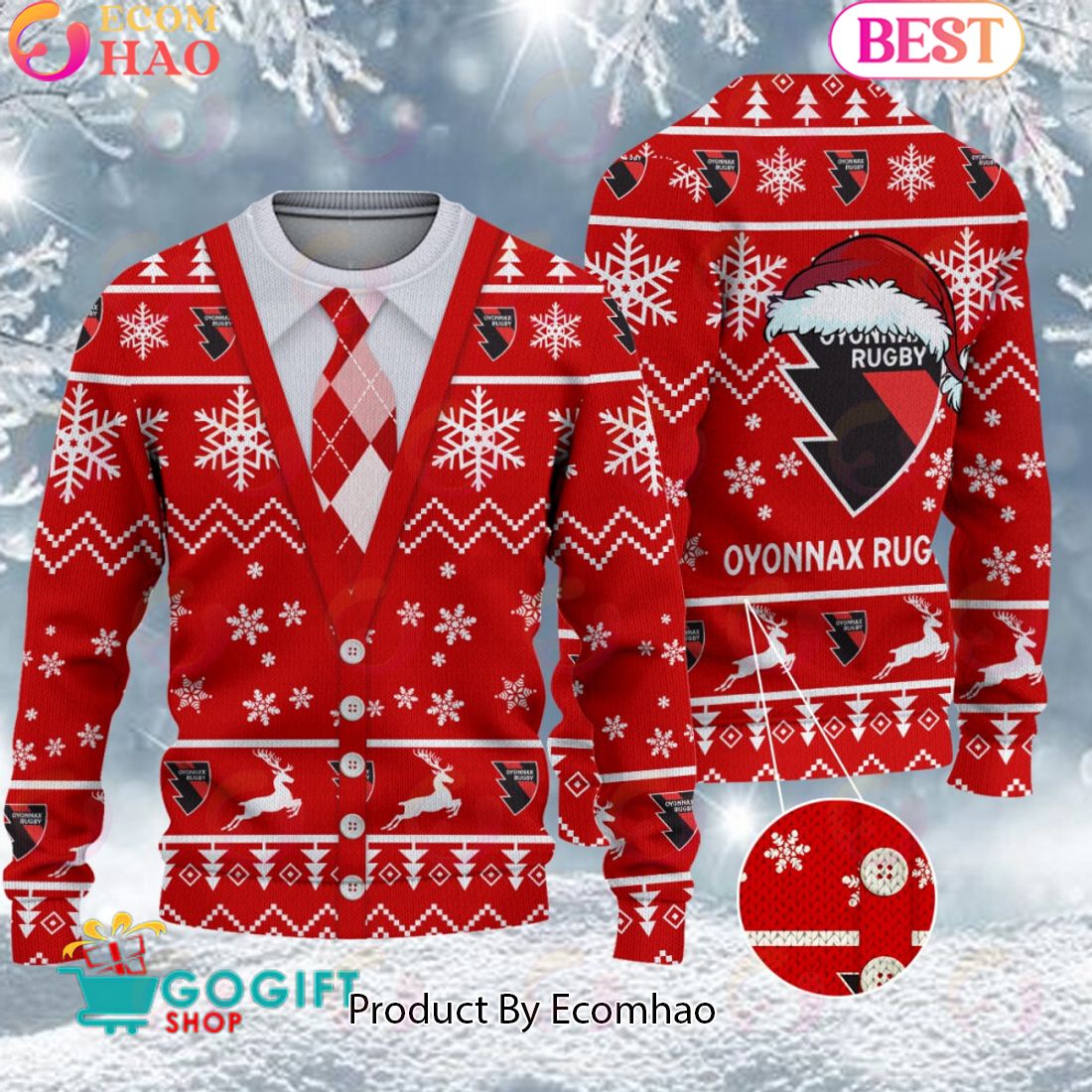 US Oyonnax Santa hat Logo Ugly Christmas Sweater AOP Snow Flowers