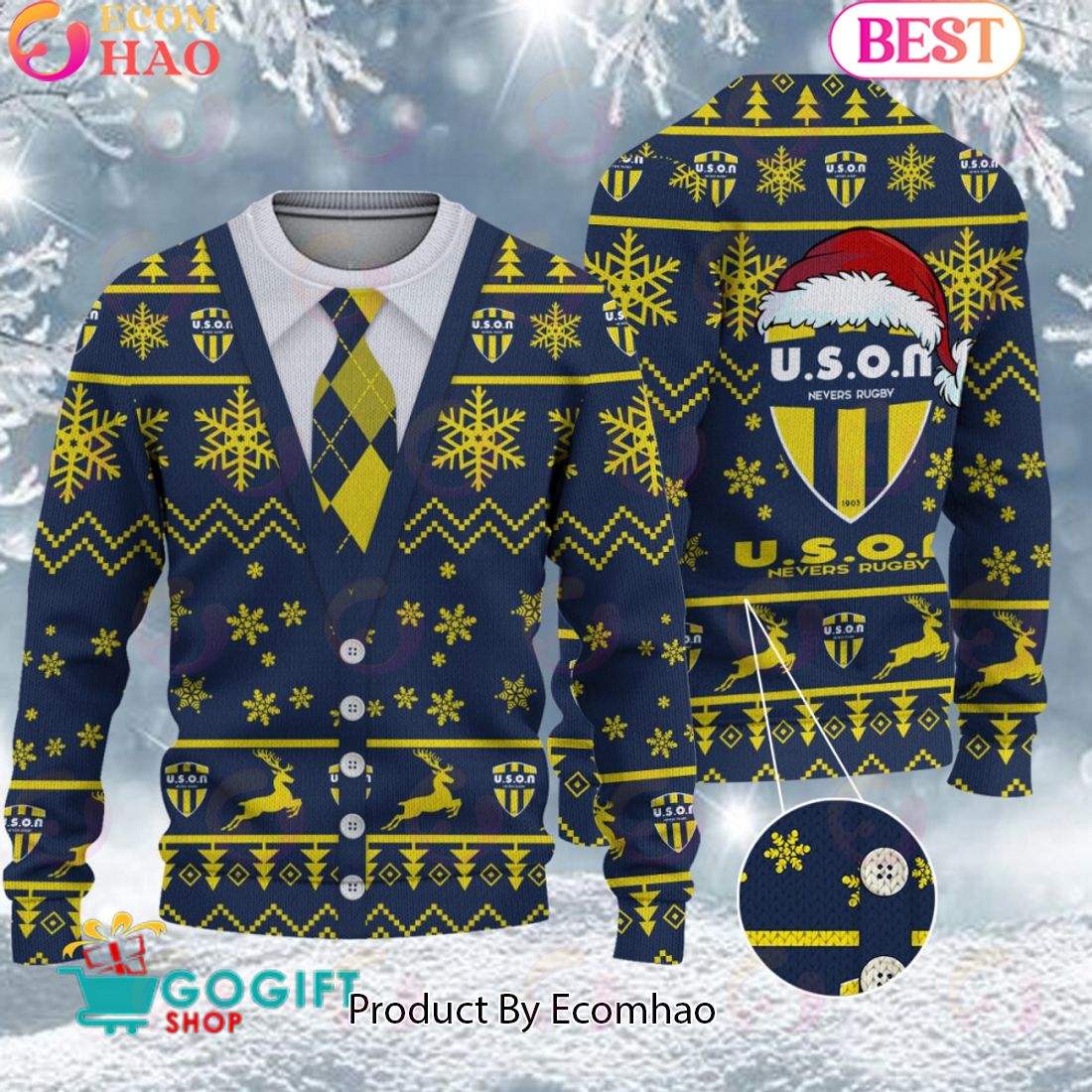 USON Nevers Santa hat Logo Ugly Christmas Sweater AOP Snow Flowers