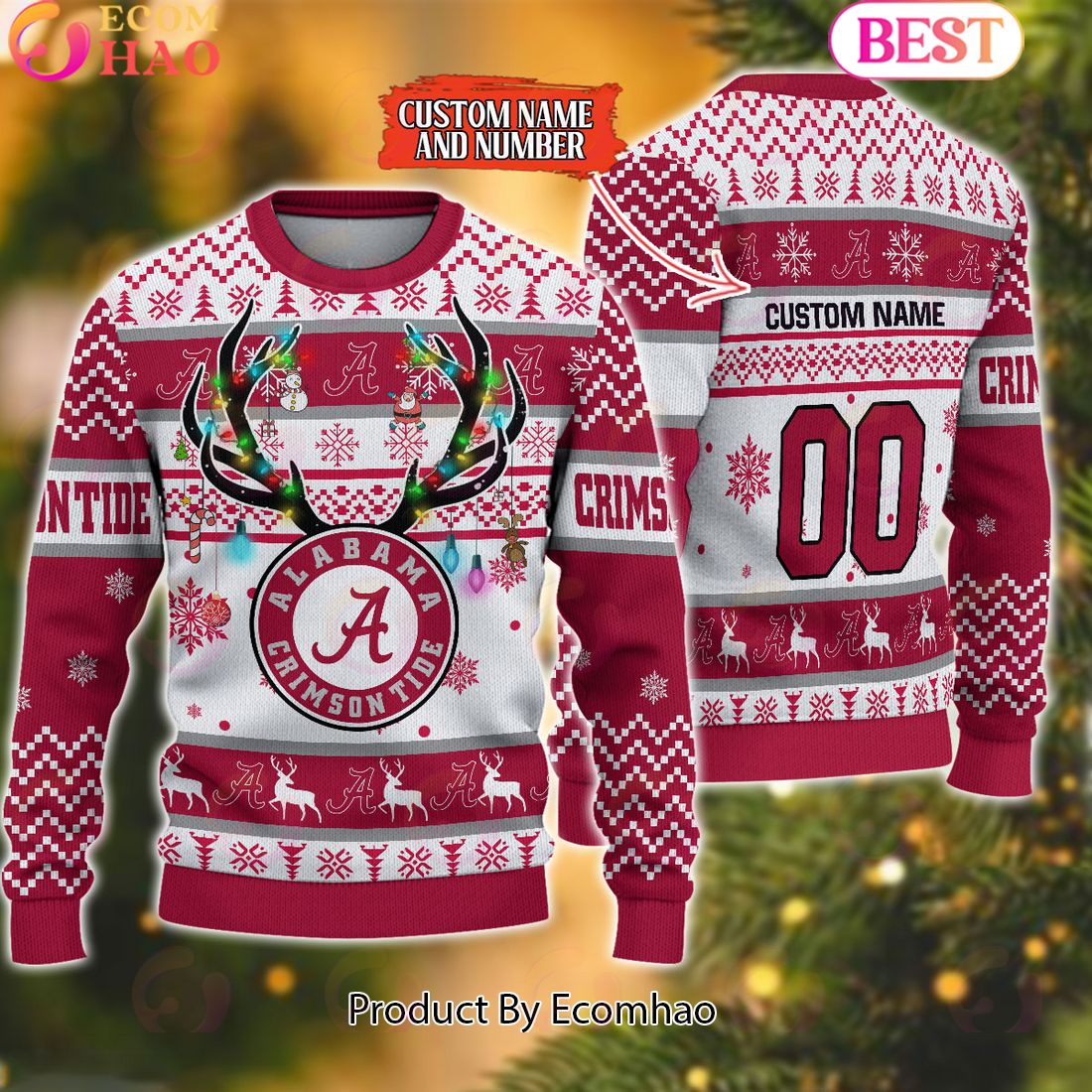 NCAA Alabama Crimson Tide Reindeer Light Ugly Christmas Sweater